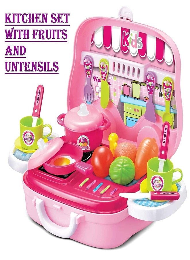LONGMIRE Plastic Portable Cooking Kitchen Play Set Pretend Play Food Party Role Toy for 4 Years Old Boys Girls Pink (2 in 1 Kitchen Set) - Image 2